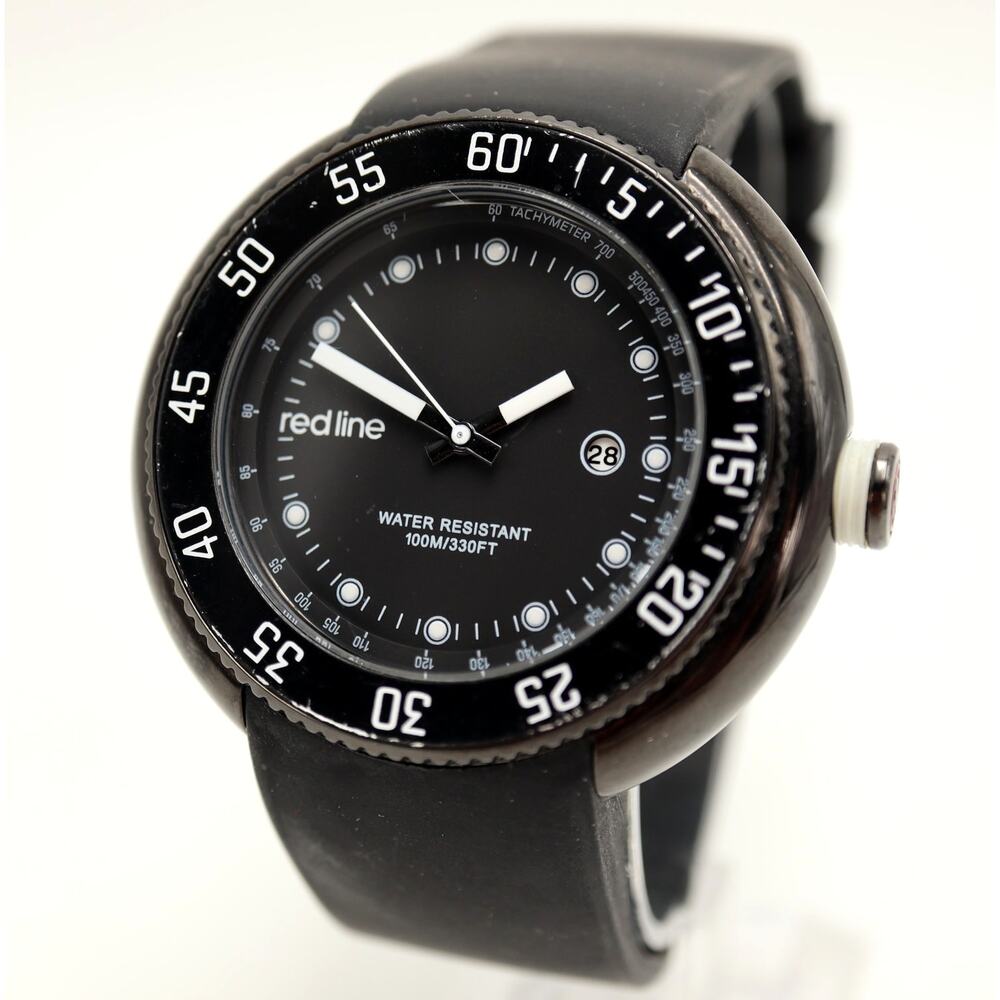 Red Line Compressor Round Dive 50mm Watch 100 Meters Black Silicone New Battery